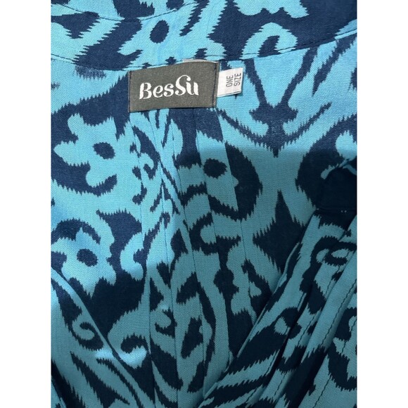 Women's 3/4 Sleeve Open V-Neck Floral Dress (Turquoise & Navy, OS) Midi - Picture 5 of 6